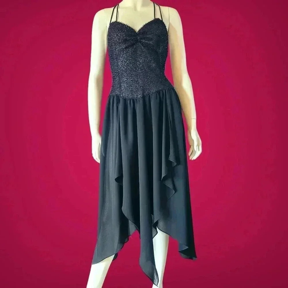 Vintage 80s Edgy Black Formal Dress Gown L